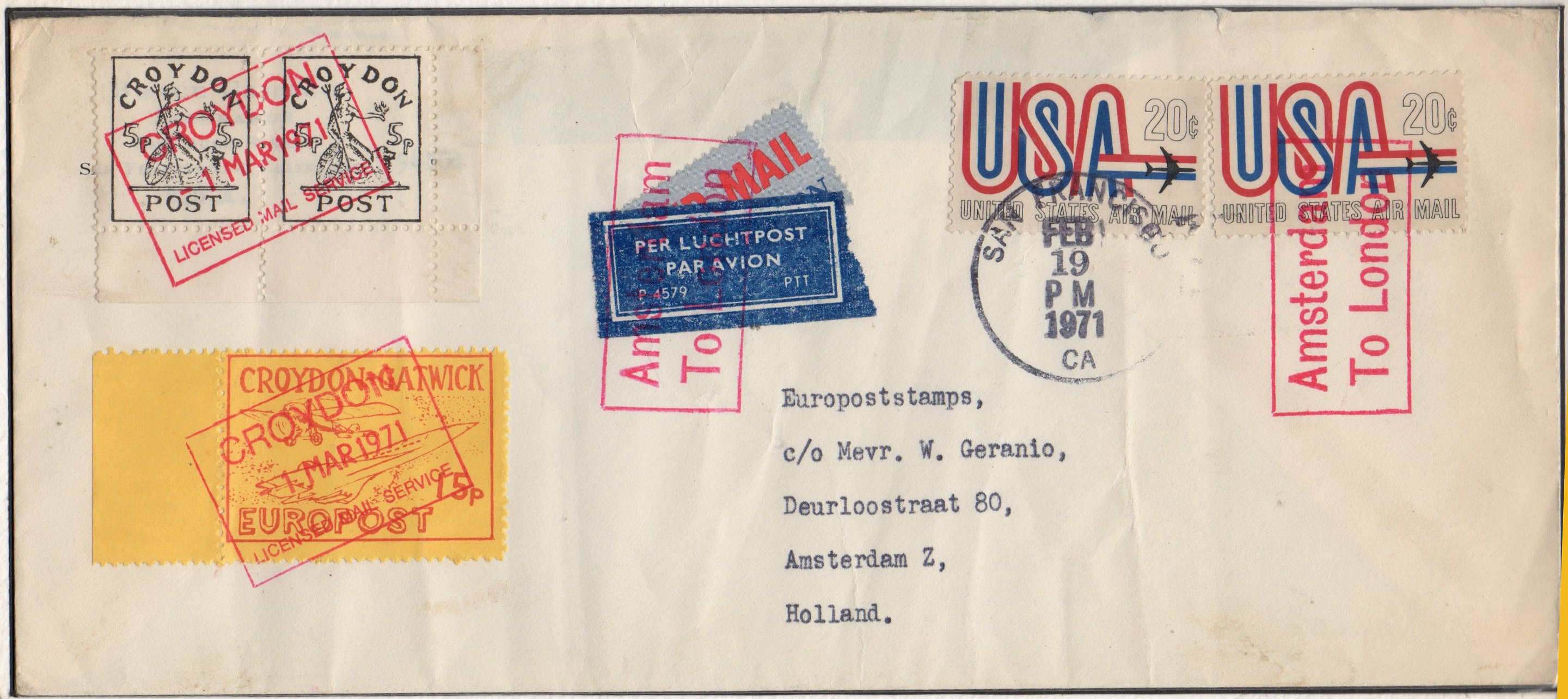 1971 Croydon Gatwick Strike Post cover with multiple CGP franking from San Francisco, March 1st 1971, Concorde